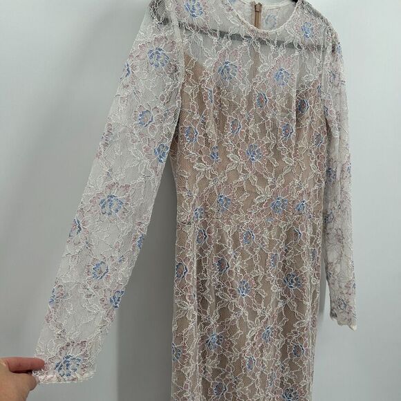 DRESS THE POPULATION Kay Dress White Tan Floral Lace Metallic Midi Dress Large - Picture 7 of 12